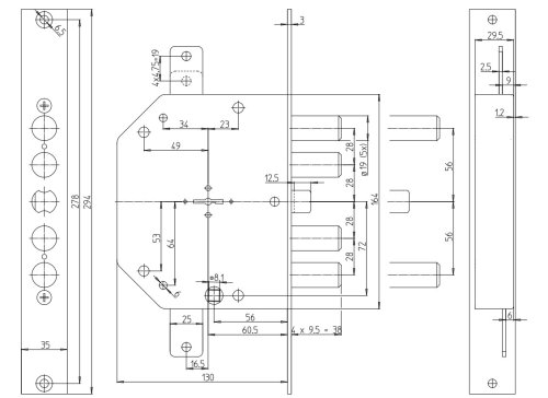 Serratura CR 2151/28 doppia mappa destra con chiavi 116 mm