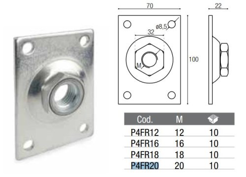 ADEM P4FR20 piastra rettangolare zincata con dado M20
