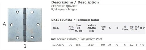 Cerniera 2 ali in acciaio zincato Aldeghi 121AZ mm 70x70