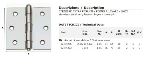 Cerniere pesanti 2 ali acciaio inox Aldeghi 124IN - mm 64x64