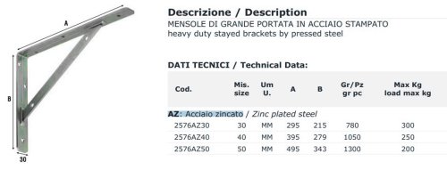 Mensole di grande portata in acciaio zincato Aldeghi 2576AZ - mm 300
