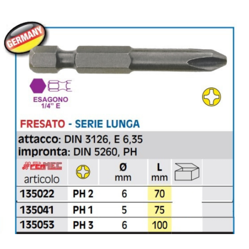 Inserti per avvitare impronta Phillips serie lunga Fermec 135 - PH 2