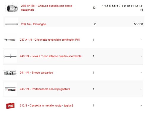 Chiavi a bussola USAG 612 1/4" EA in cassetta di lamiera 19 pezzi