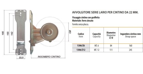 Avvolgitore a semincasso cintino tapparella mm 22 Bolis Lario 1306 - capacità 6 mt