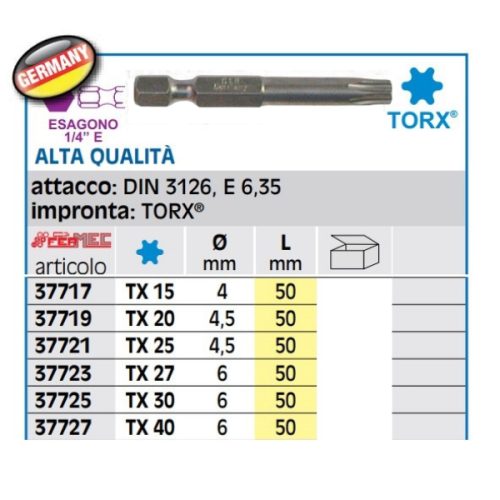 Inserti per avvitare Torx 1/4" L50 mm Fermec 377 - TORX T15