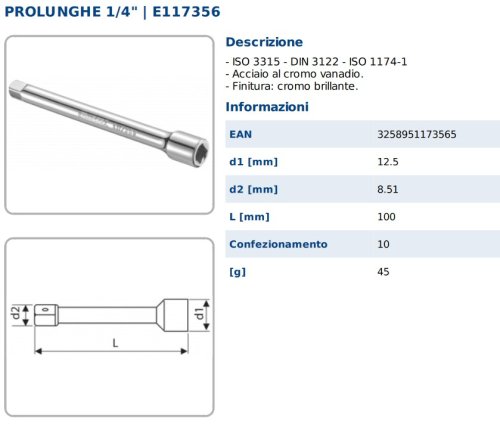 Prolunga bussola esagonale 1/4" - 100 mm Expert E117356